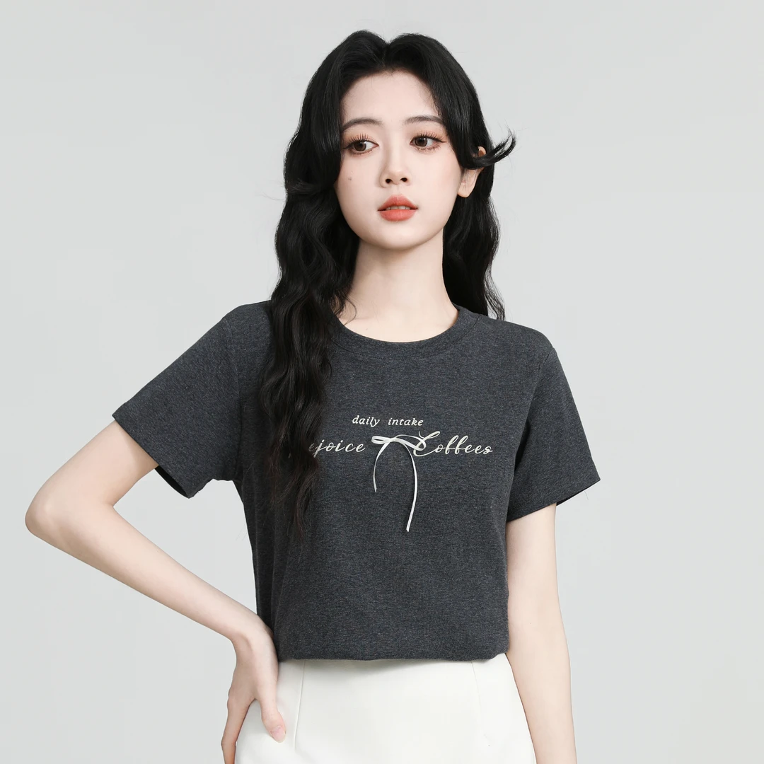 深灰色蝴蝶结短袖T恤女夏2025春新款正肩圆领体恤小个子短款上衣