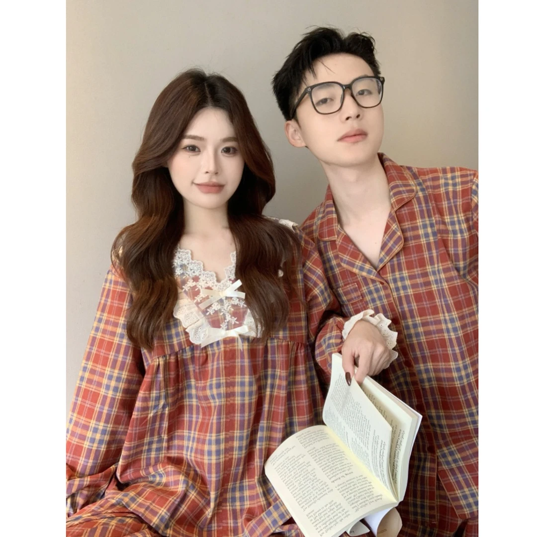 宫廷风甜美蕾丝红色格子情侣睡衣女款春秋季长袖长裤家居服男套装