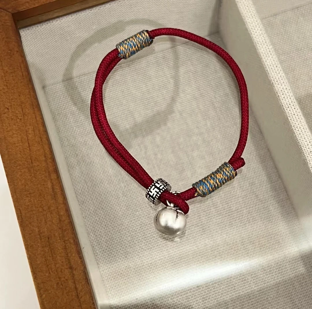 足银手链 柿饰如意手绳小红薯同款红色编织抽拉款