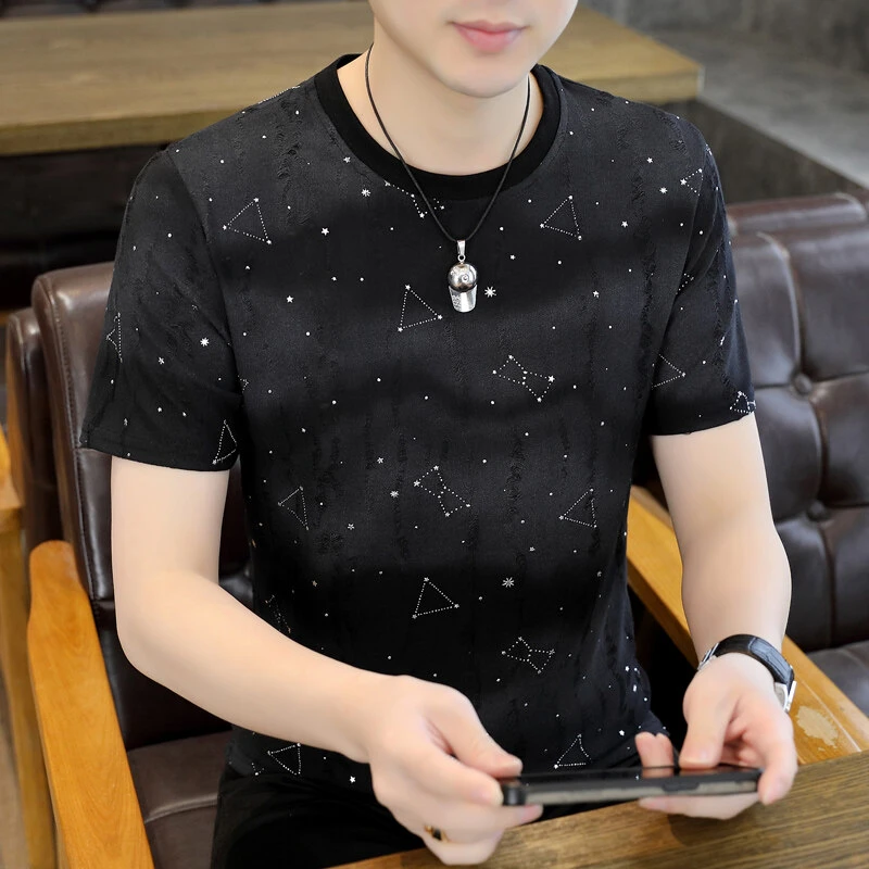 【高档时尚 设计师款】2025夏季新款百搭潮流满天星短袖T恤男3307 A