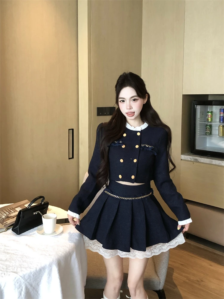 2025春季新款木耳边立领小香风呢外套+高腰百褶半身裙短款两件套