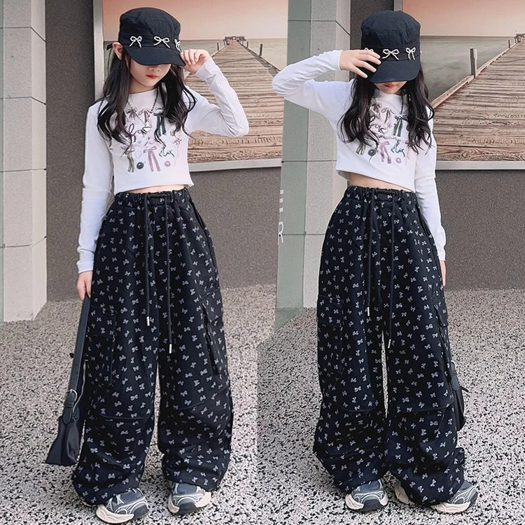 秋装女童蝴蝶结工装裤韩范中大童女孩时尚可束脚街舞爵士舞阔腿裤