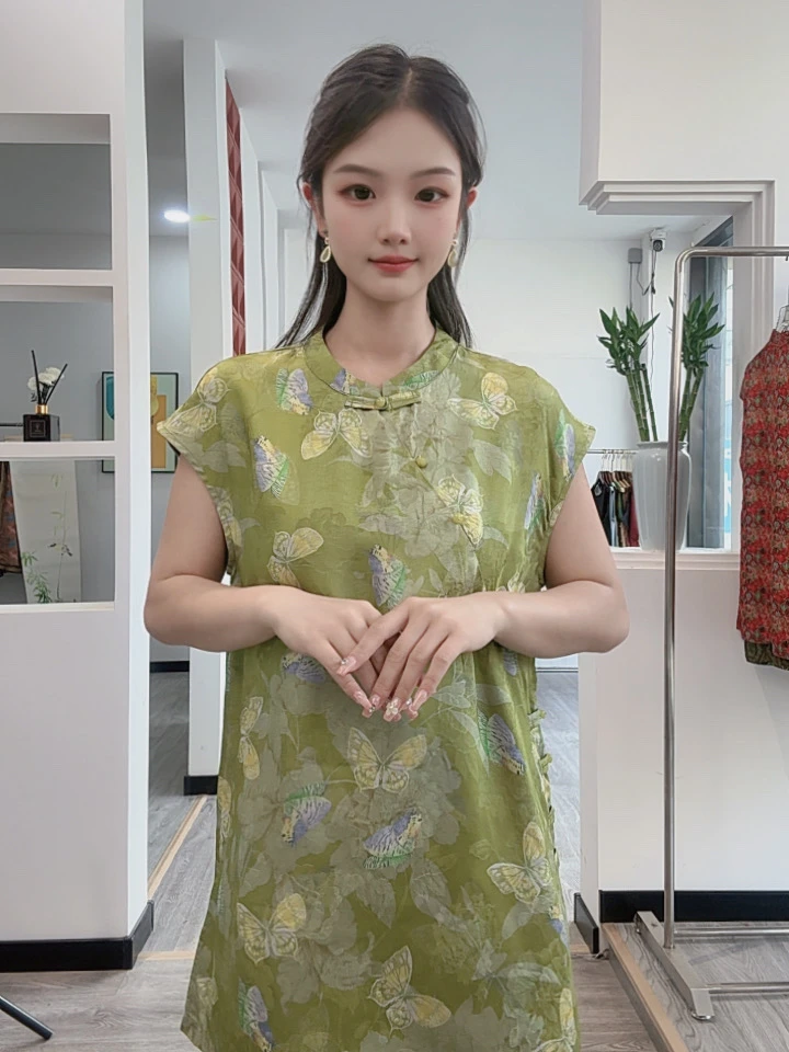 242新中式国风上衣短袖女装夏季中长款改良旗袍衬衫薄