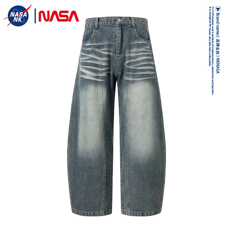 NASA联名原牛色牛仔裤男款秋冬季潮牌宽松直筒休闲阔腿垂感长裤子