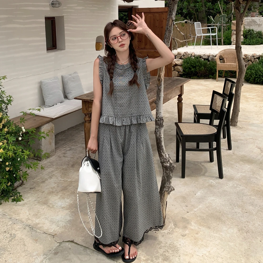 宽松复古显瘦镂空裤子休闲时尚套装提花拼接阔腿裤蕾丝气质夏季