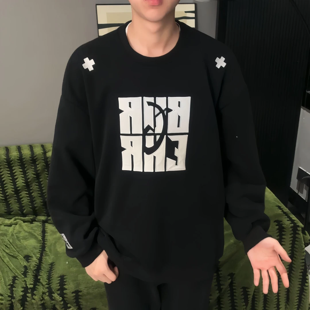 APZP贴布刺绣圆领卫衣男加绒加厚美式高街冬季保暖内搭长袖外套