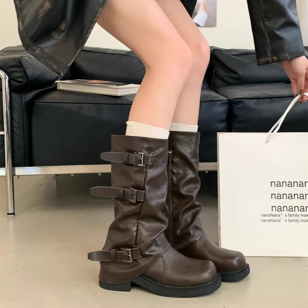 皮带扣褶皱厚底中筒靴女2025秋冬季新款爆款裤管ins潮棕色西部靴