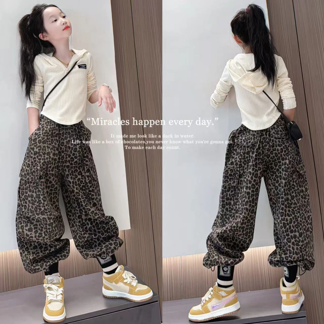 女童秋季连帽卫衣超好看套装儿童装洋气工装豹纹裤