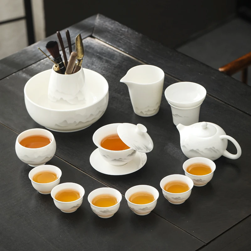 水墨群山悬停盖碗德化羊脂玉白瓷功夫茶具套装高端全套家用办公室