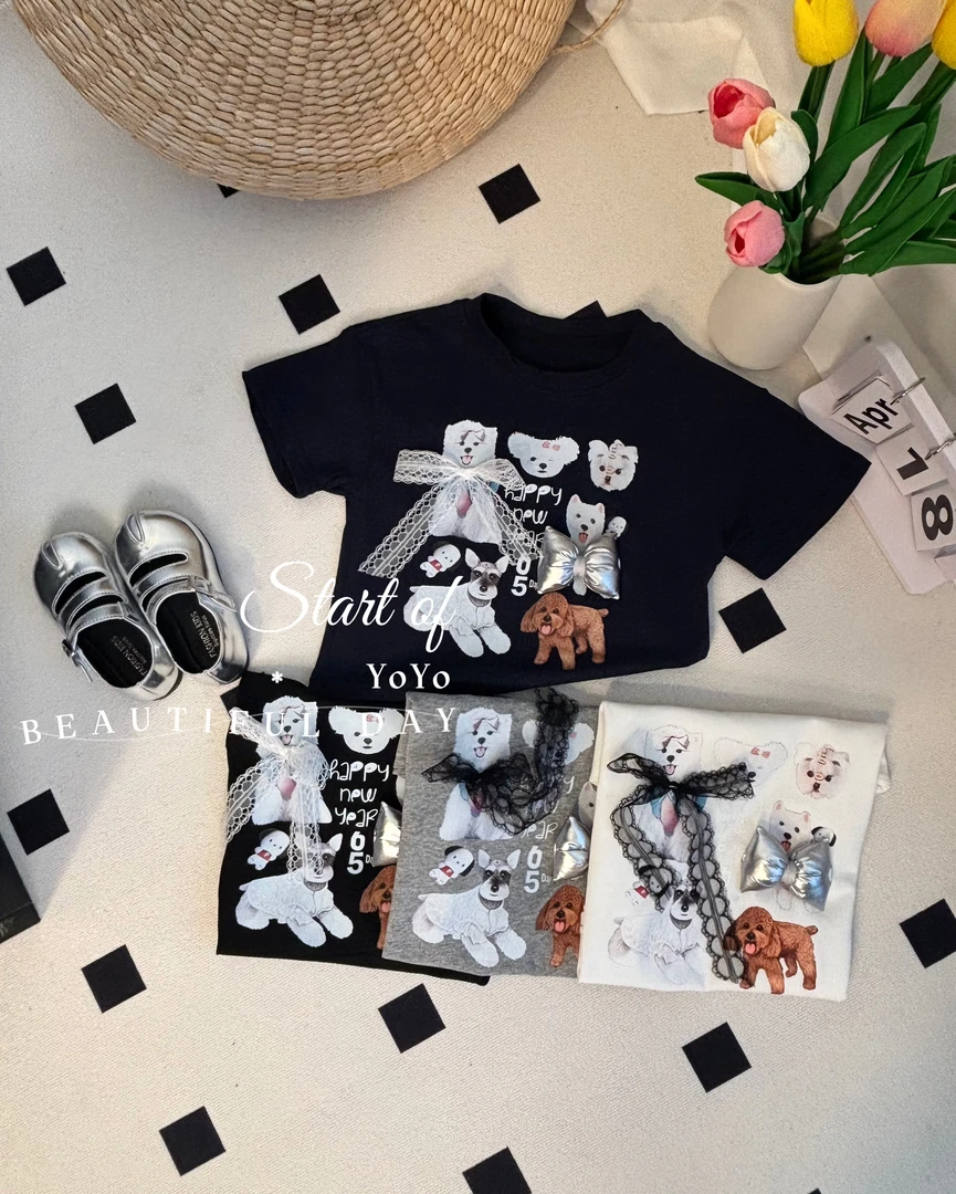 2025亲子款~女宝可爱卡通立体蝴蝶结休闲百搭宽松短袖棉T恤