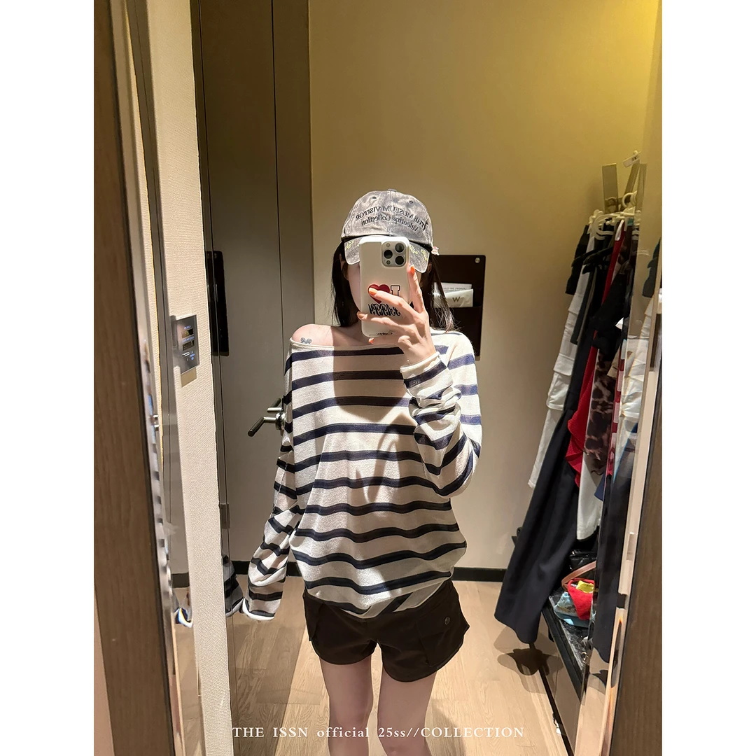 THEISSN宁司 撞色条纹罩衫T恤女宽松显瘦防晒上衣 0932