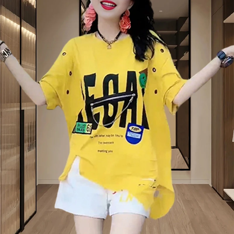 欧洲站2025夏季新款独特别致显瘦短袖T恤女时尚洋气遮肉印花上衣