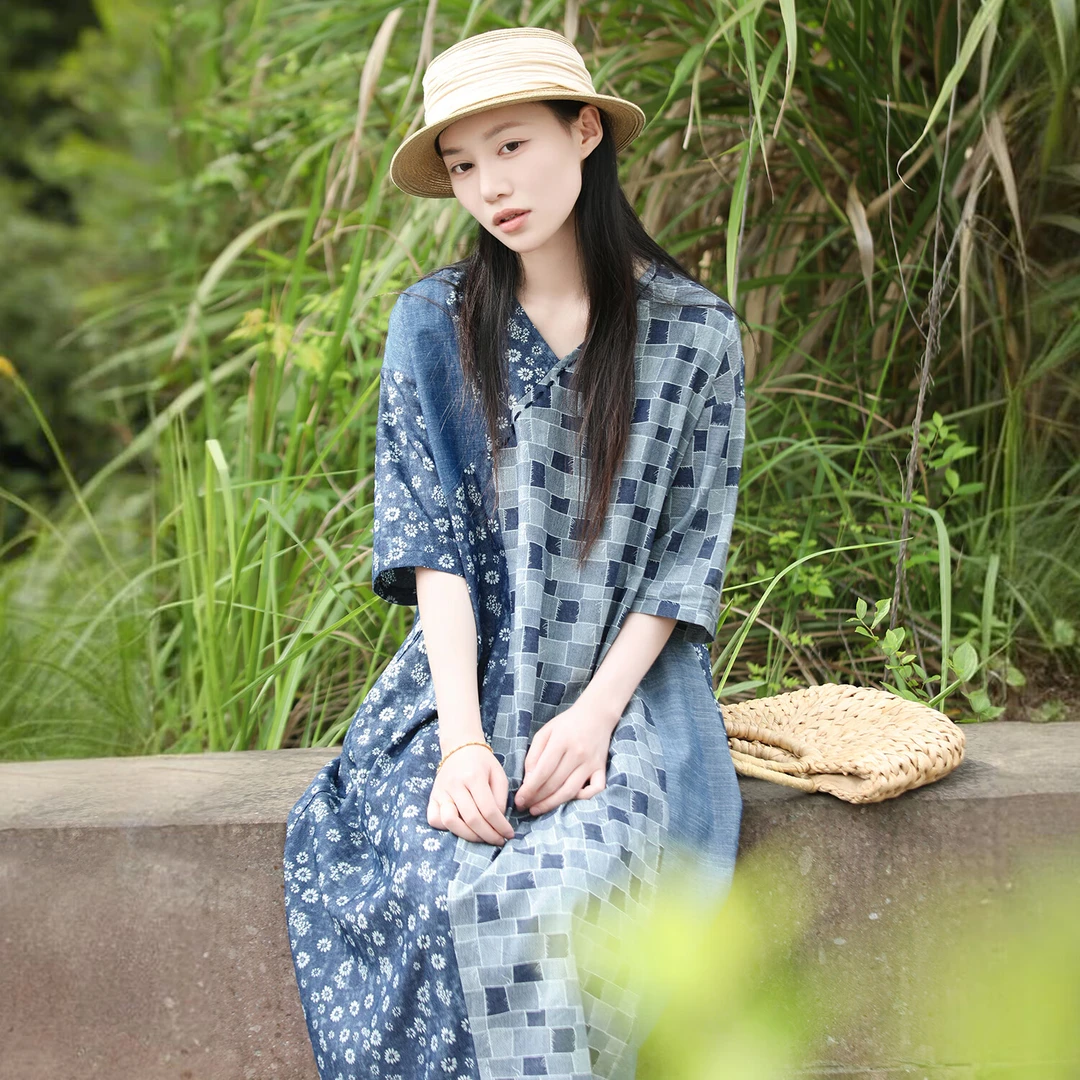 乱在江南碎花连衣裙夏季新品休闲宽松文艺素雅V领大摆复古长裙