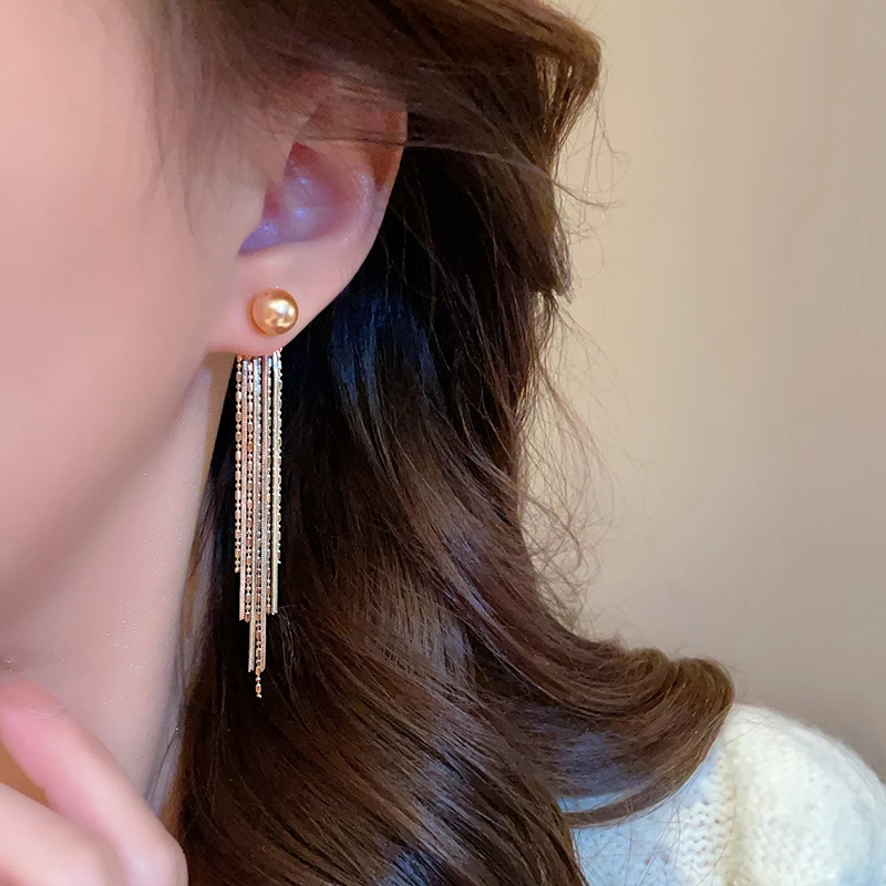 合金仿珍珠耳饰 高级感轻奢长款流苏耳钉气质小众设计一款两戴搭