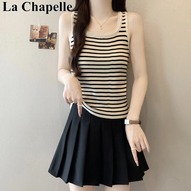 拉夏贝尔蕾丝方领条纹针织吊带背心女春夏季内搭大码显瘦无袖上衣