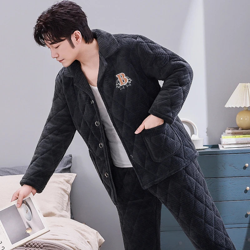 新款大码男士冬季保暖休闲可外穿加绒长袖三层夹棉加厚家居服套装