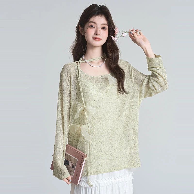 森系欧若风长袖防晒针织衫女2025新款空调罩衫蝴蝶结设计感上衣夏