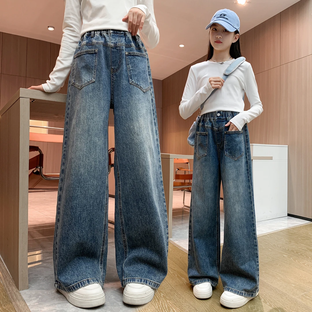 女童牛仔裤春秋款2025新款女孩直筒裤子中大童秋季宽松休闲阔腿裤