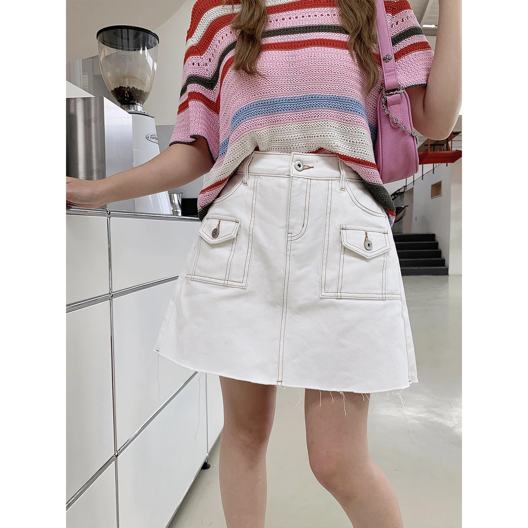 白标~短款明线踩线拼接牛仔半身裙女夏季大码A字遮胯裙子