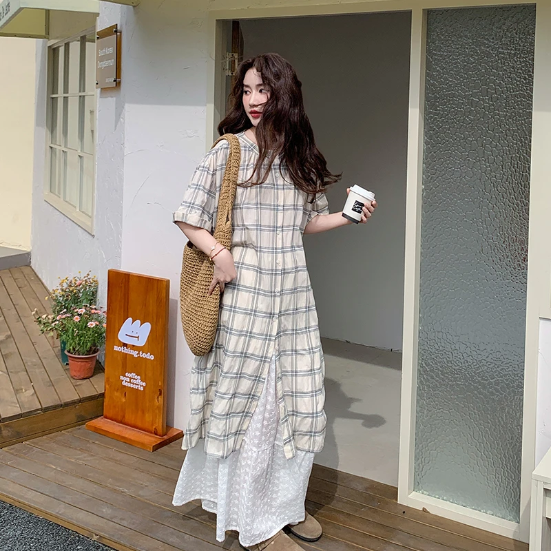 休闲减龄甜美氛围感连衣裙套装女2025夏季新款阔腿裤格子衬衫长裙