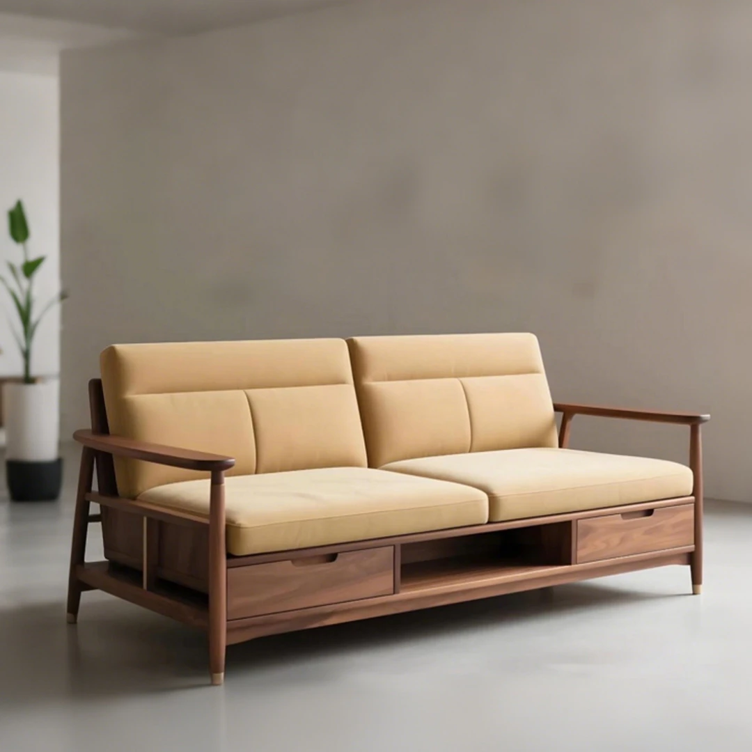 实木沙发2025新款宋氏美学客厅直排三人位中古黑胡桃木沙发新中式