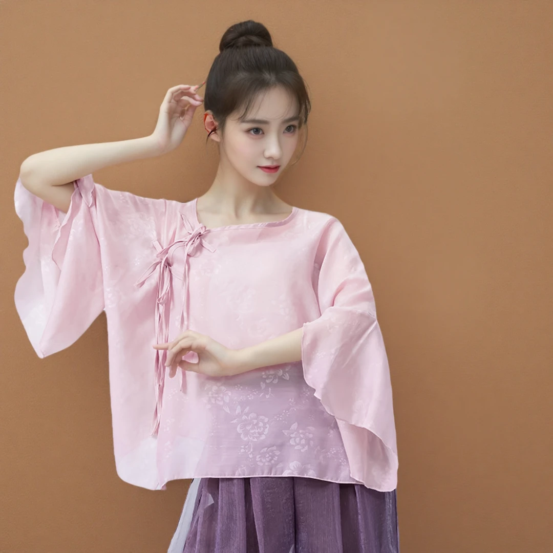 25016新中式女夏季新款宽松丝绵提花国风盘扣身韵练功服上衣