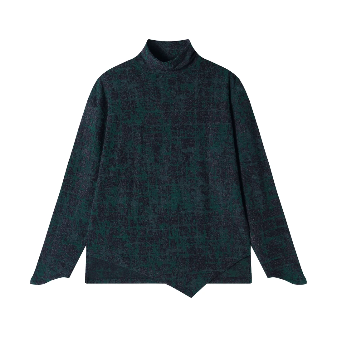 T1764新款时尚个性扎染下摆不规则半立领套头上衣舒适百搭长袖