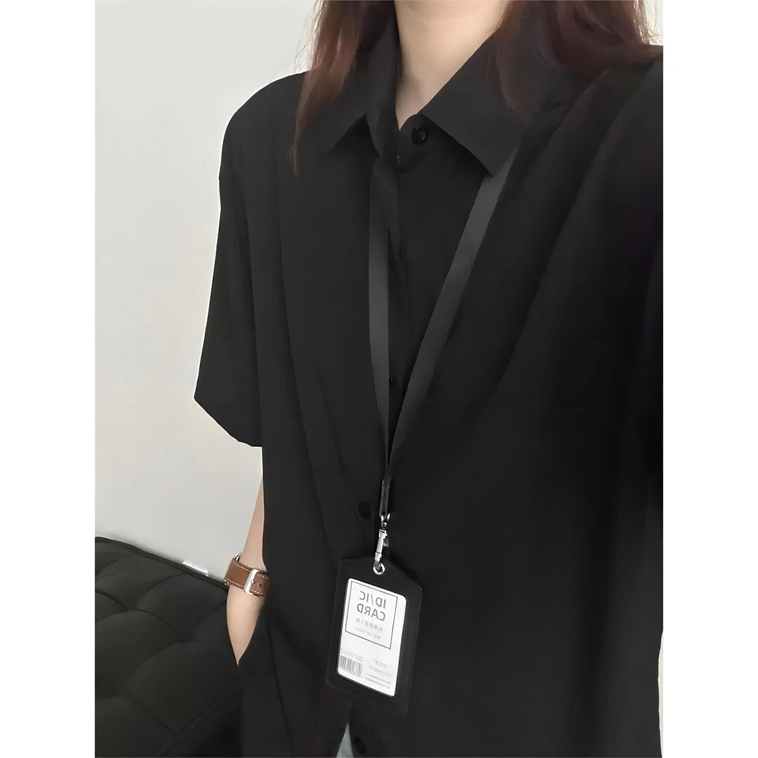 黑色冰丝短袖衬衫男夏季薄款高级感垂感西装衬衣翻领美式半袖外套