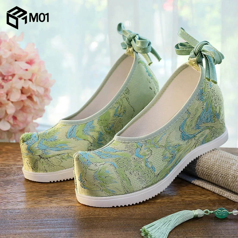 M01古装汉服鞋女翘头增高暗纹汉元素古风布鞋配马面中式国风单鞋