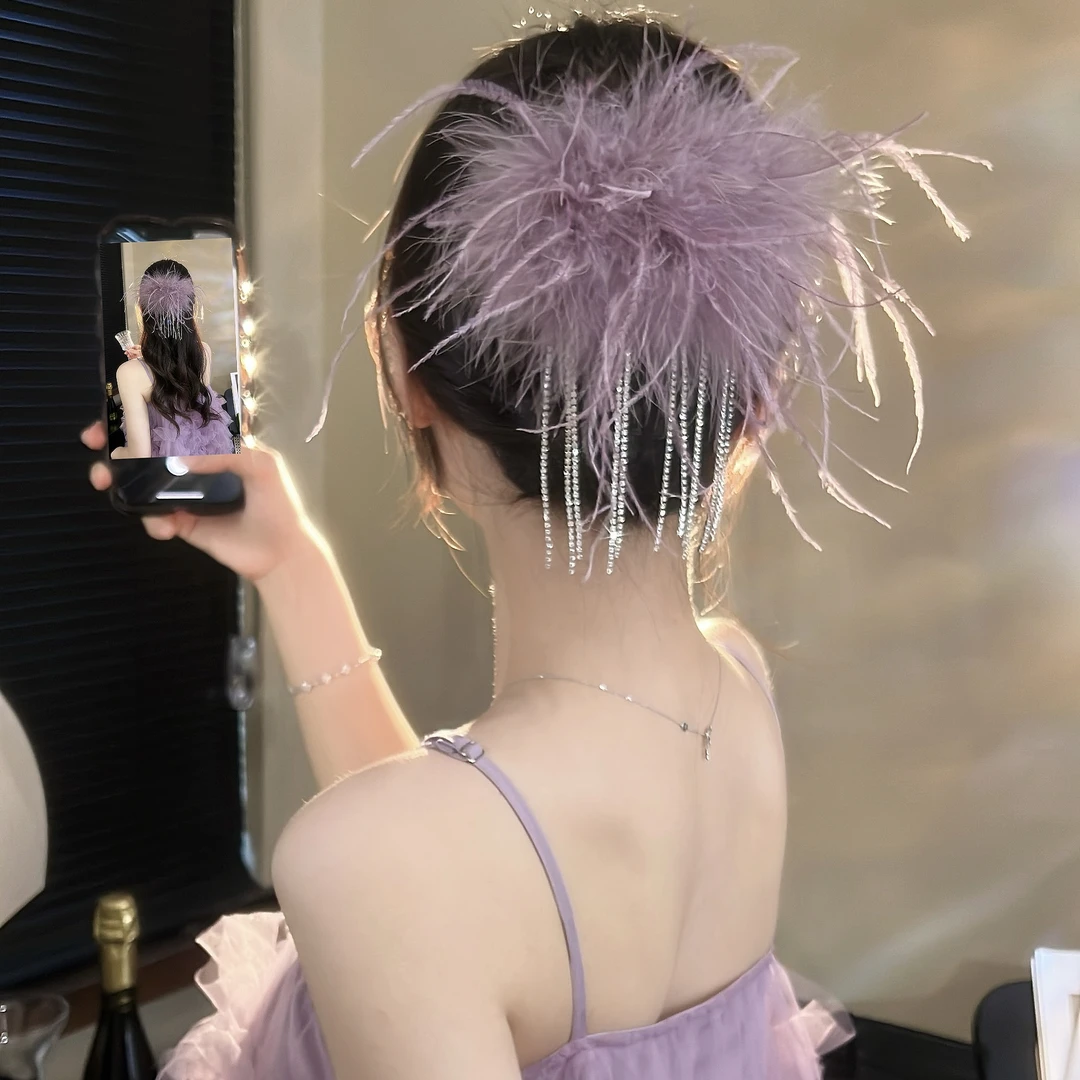 气质蓬松仙气羽毛鸭嘴夹流苏精致新款氛围感高级百搭抓夹发夹子