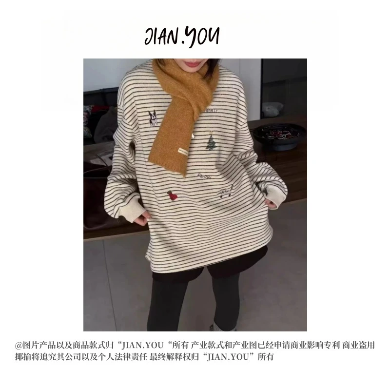 JIANYOU-「别样条纹T」2024加厚冬季新款女装百搭毛毛条纹T恤HT-318