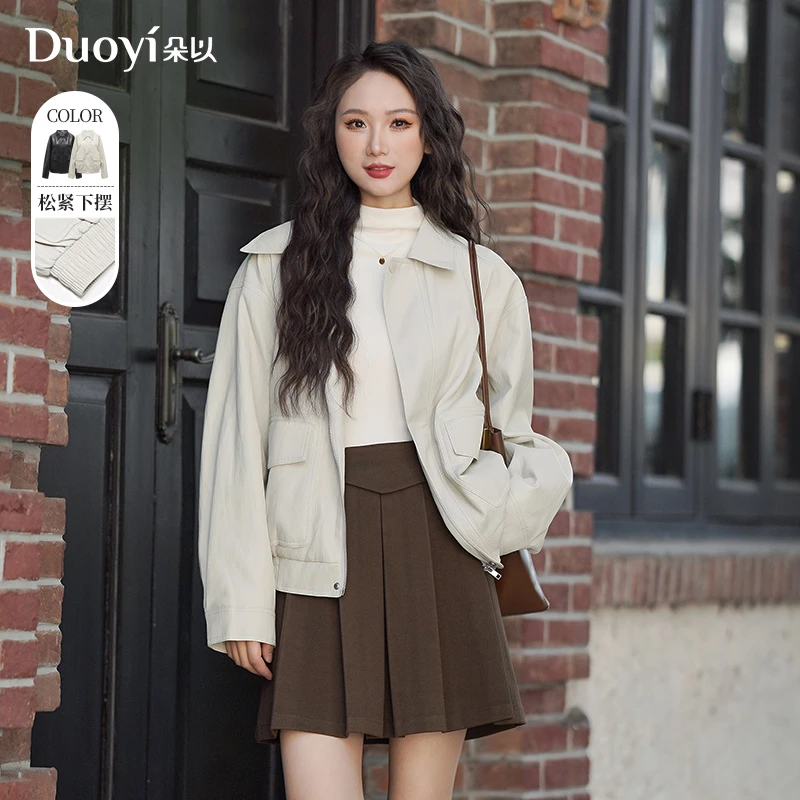 朵以2025春季新款翻领宽松PU皮衣外套上衣40VC448216