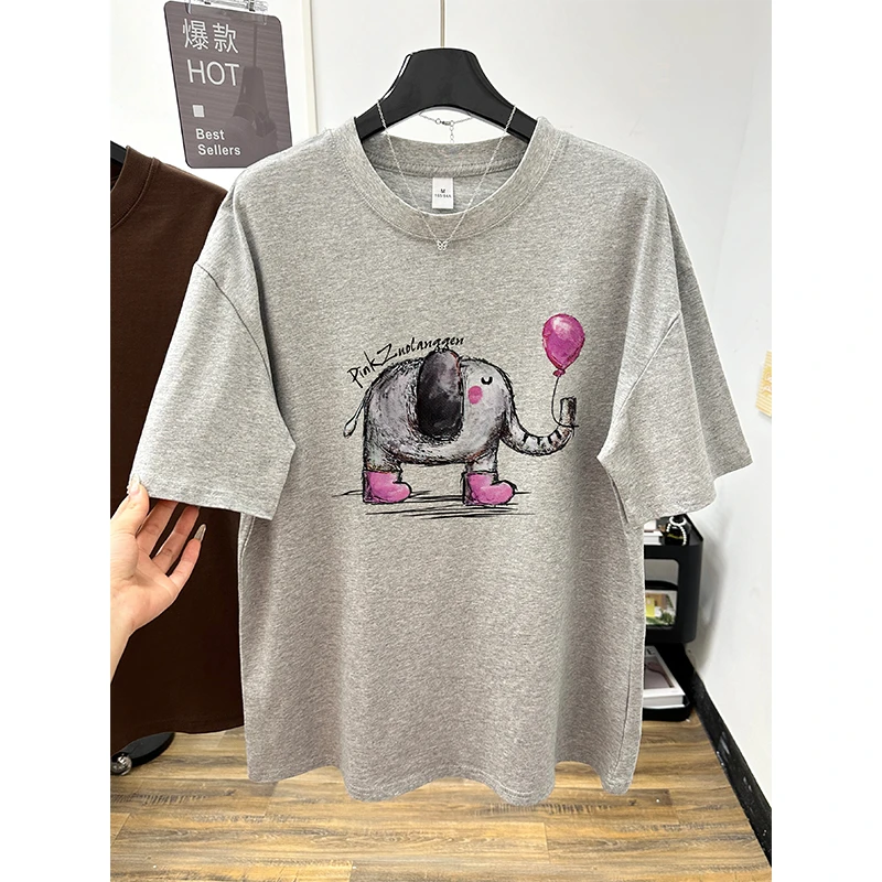 夏季2025新款韩系ins卡通小象印花宽松百搭纯棉短袖t恤上衣女