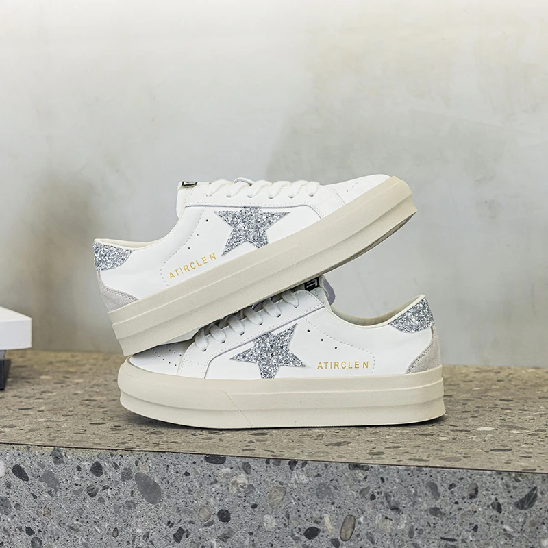 2025新款厚底真皮星星板鞋女百搭运动休闲鞋增高系带透气小白鞋女