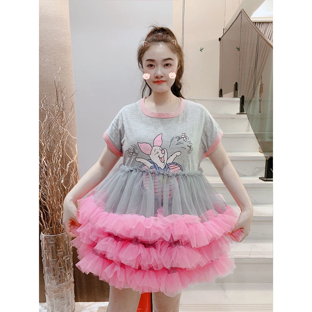 设计师定制小众卡通短袖T恤拼接云朵网纱蓬蓬裙连衣裙女