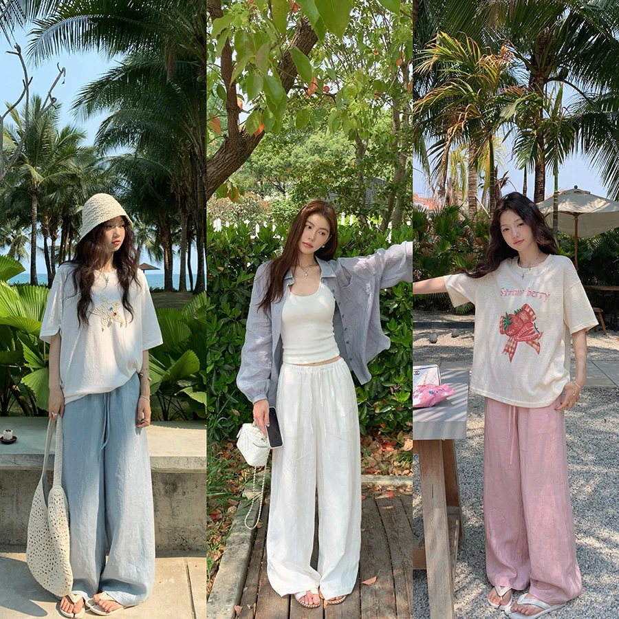 张贝贝 人手一条白裤子 100天然亚麻 老钱抽绳裤