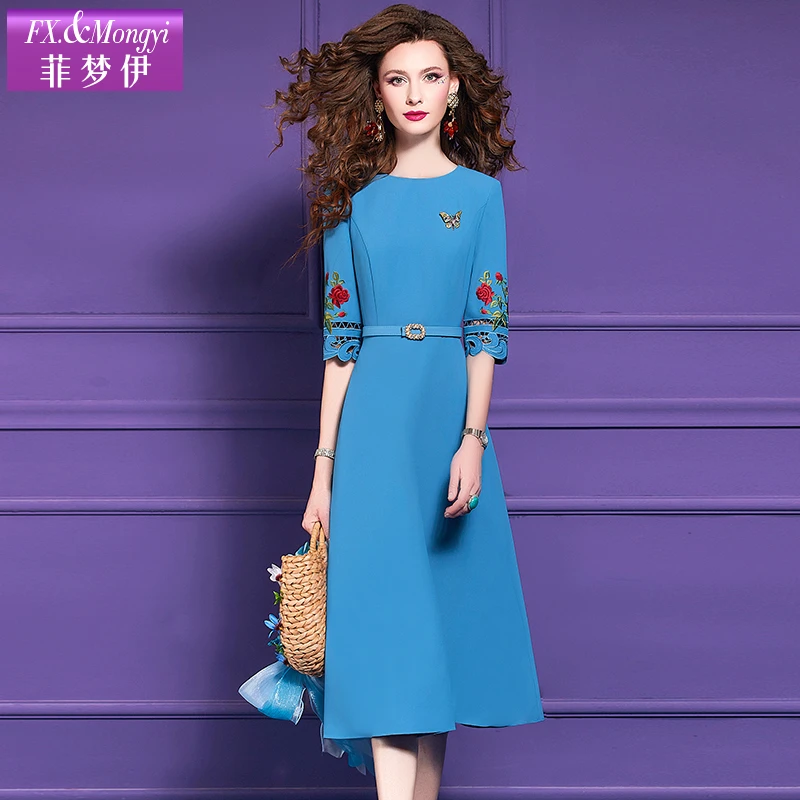 菲梦伊绣花连衣裙女春夏新款重工刺绣时尚修身中长款A字裙子62339