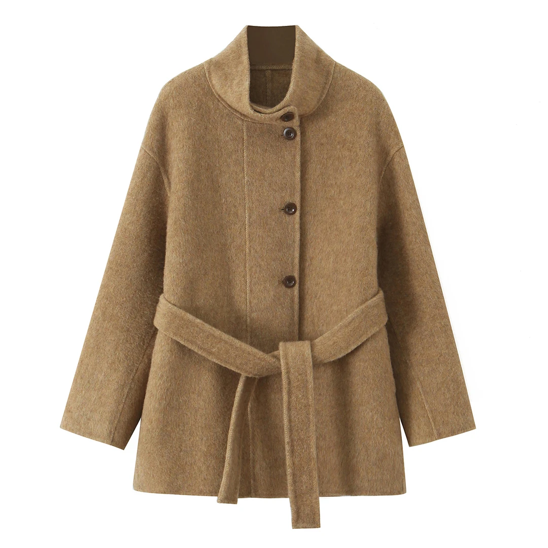 立领系带短款双面羊毛大衣女韩系高领宽松显瘦毛呢外套上衣女