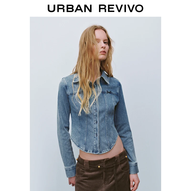 UR2025秋季新款女装蝴蝶结修身复古水洗牛仔衬衫UYY850013
