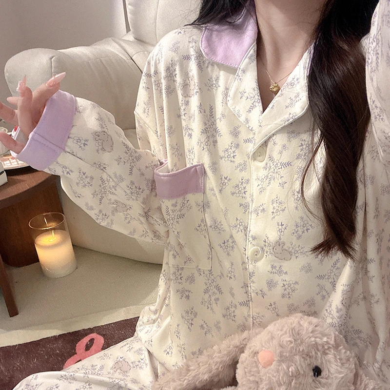 紫色韵味睡衣女秋冬季长袖长裤韩版甜美学生德绒家居服两件套