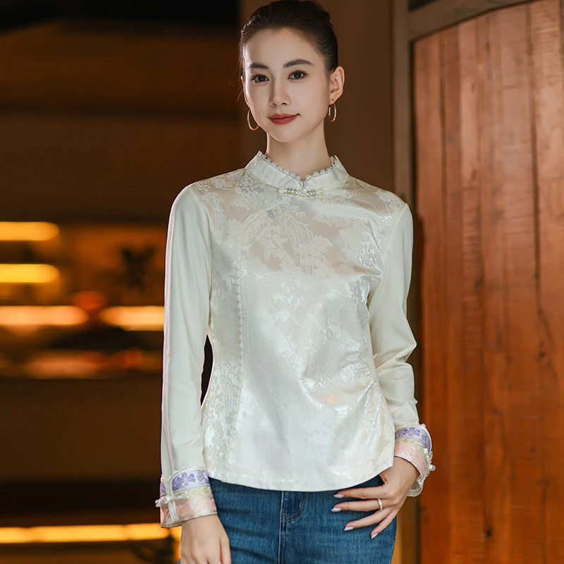 【长安公主】改良轻国风提花长袖打底上衣秋盘扣收腰新中式国风女装