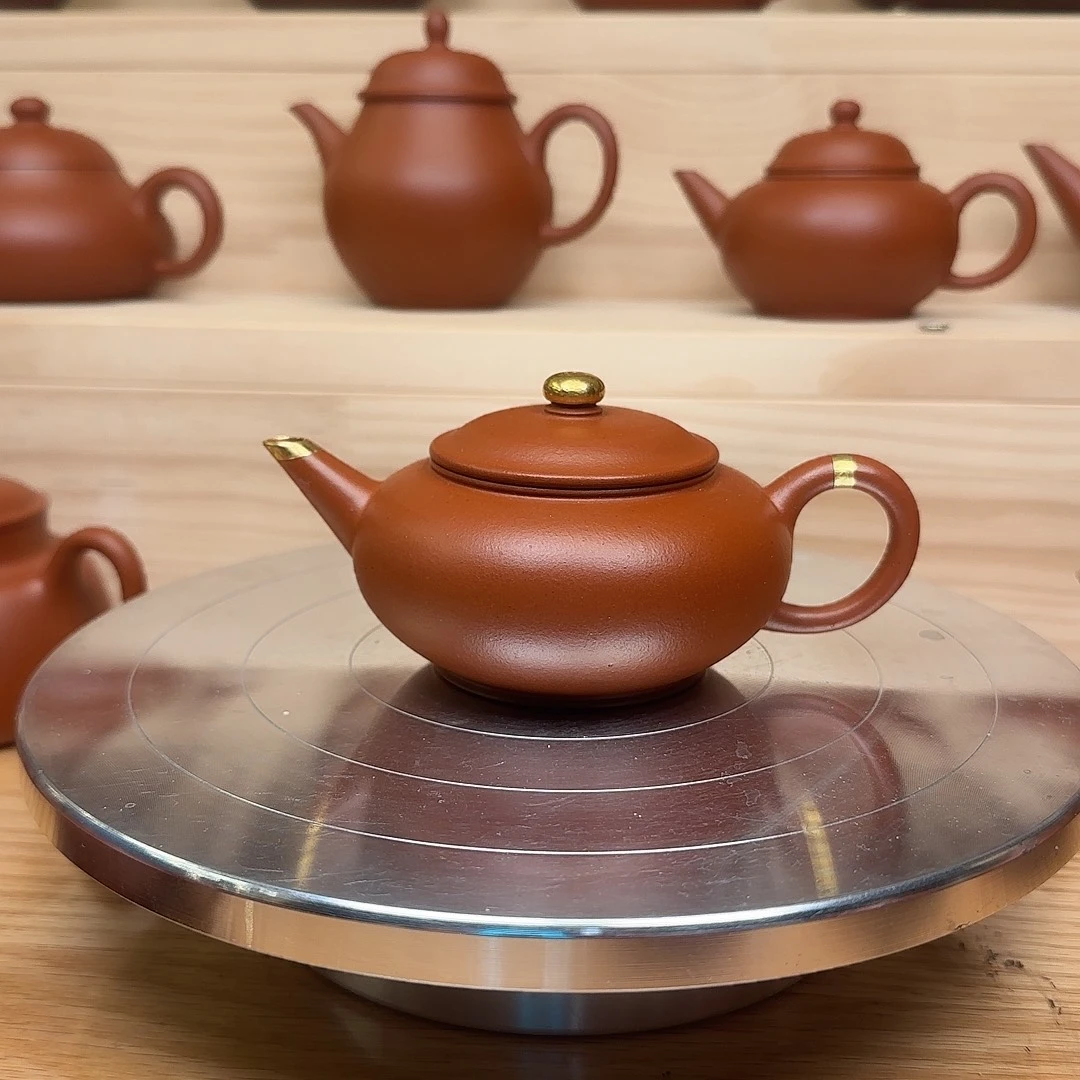 紫砂茶壶黄龙山原矿零添加小红泥包金扁水平