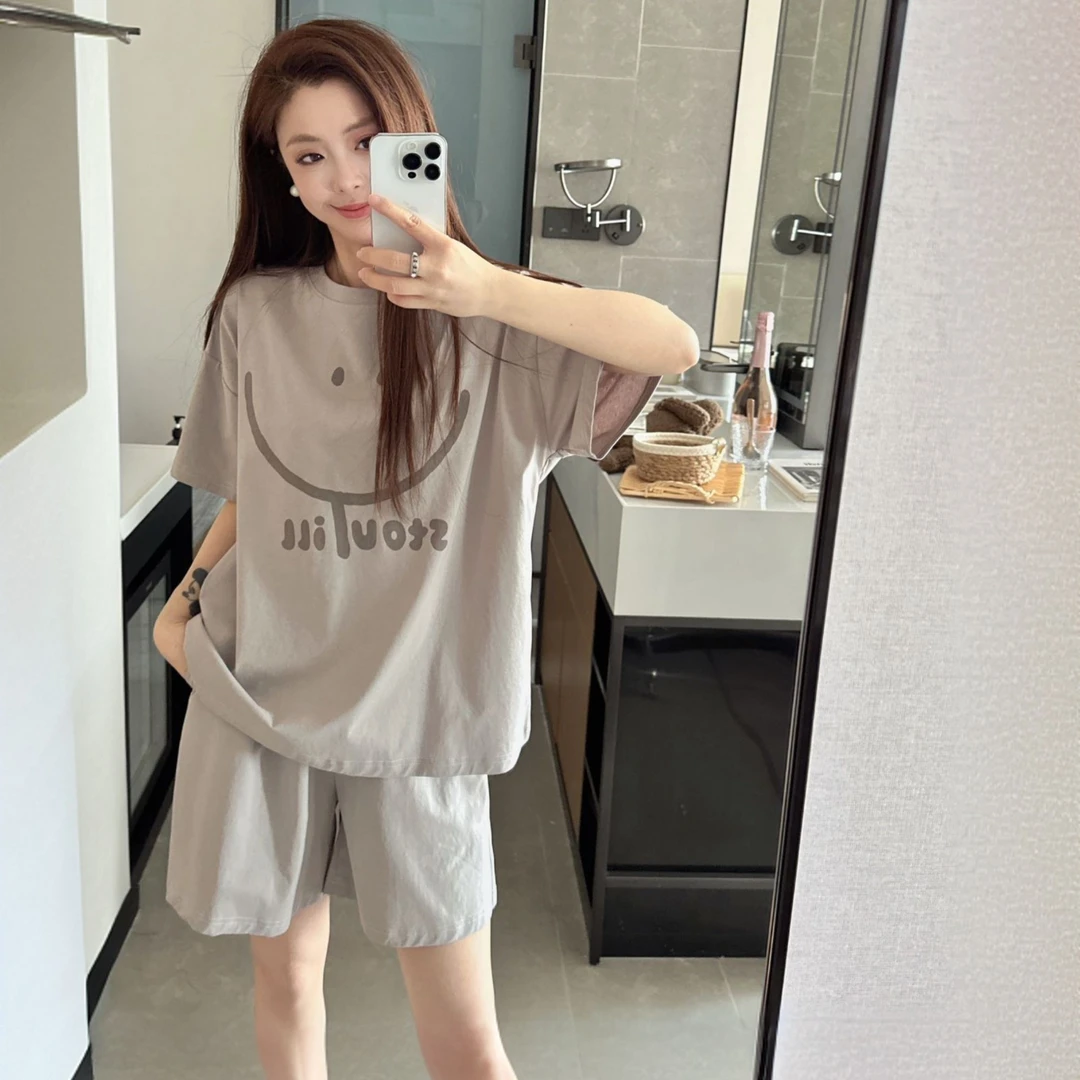 夏季家居服套装女高品质短袖短裤潮酷笑脸印花可外穿日系极简风