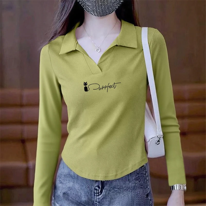 韩版百搭t恤秋季女款正肩polo领长袖打底衫时尚弧形下摆洋气上衣