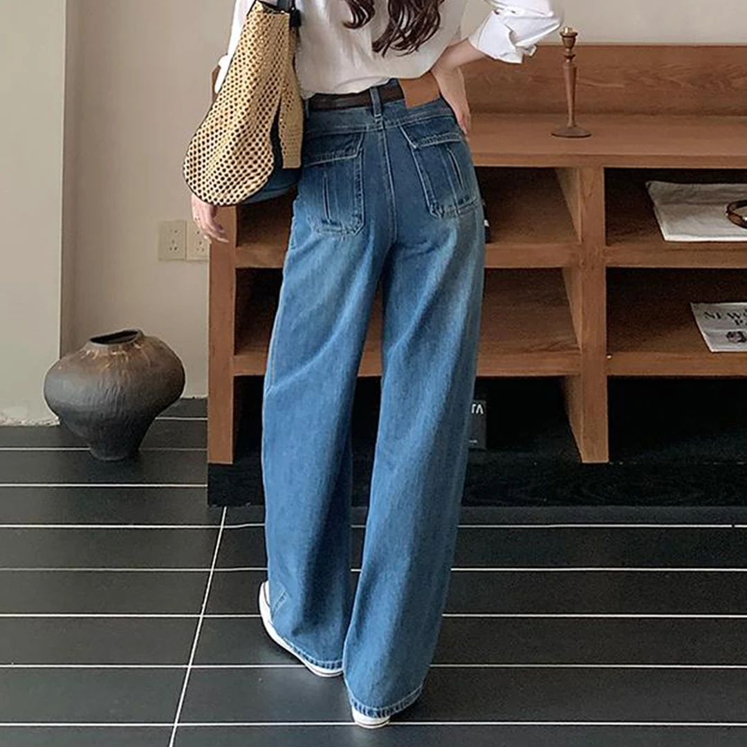 蓝色阔腿牛仔裤女秋季新款大码高腰显瘦宽松垂感直筒窄版弯刀裤子