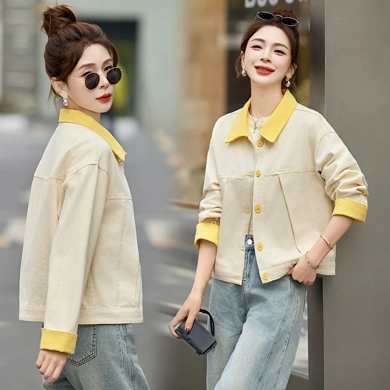 韩系拼接牛仔外套女春秋2025新款小个子设计感小众宽松撞色牛仔衣
