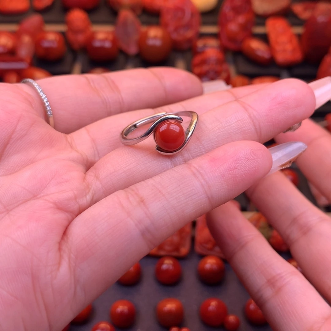 南红玛瑙银S925镶嵌川料原矿戒指