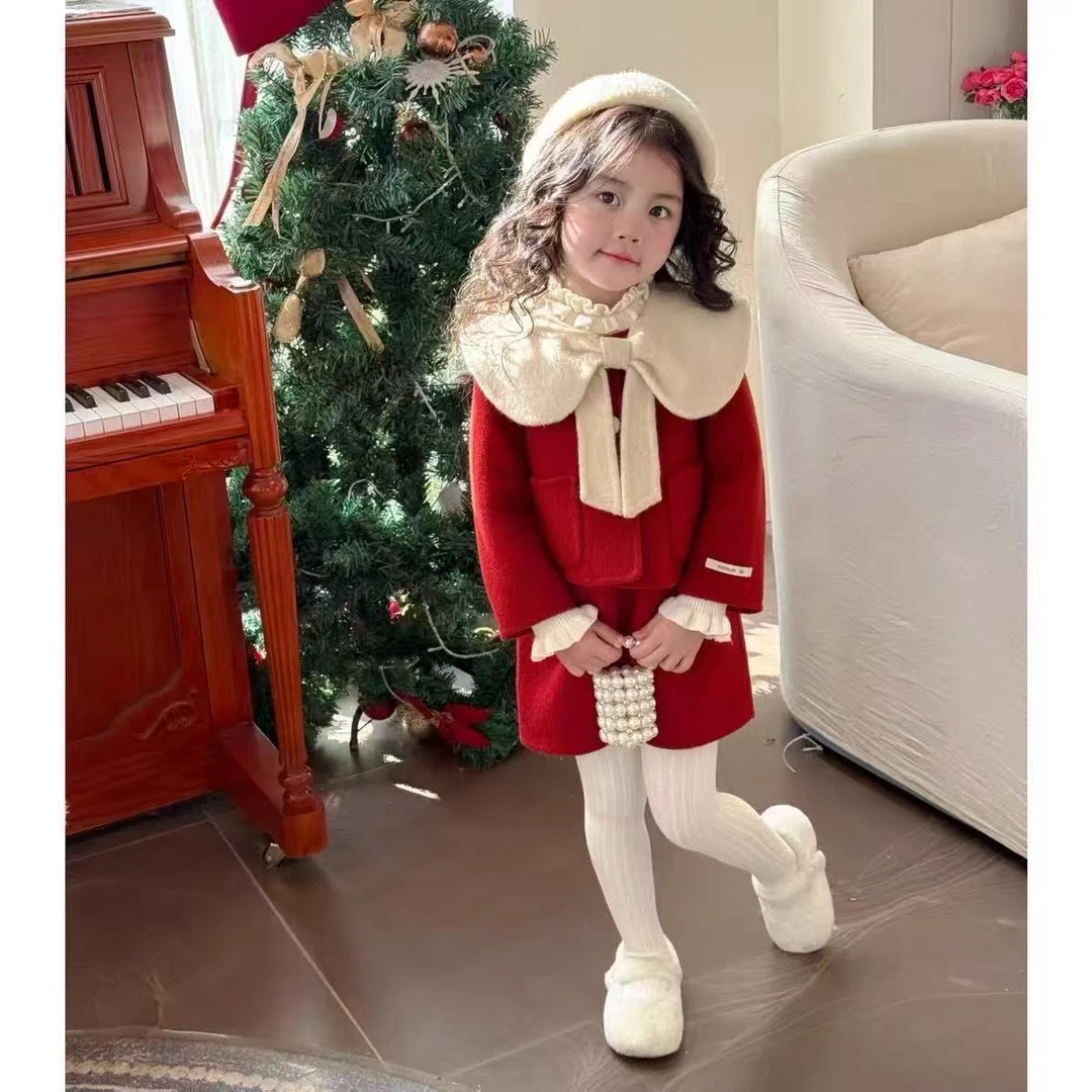 (跨年限定）女童2025年圣诞新款毛呢套装中小童洋气喜庆呢子外套