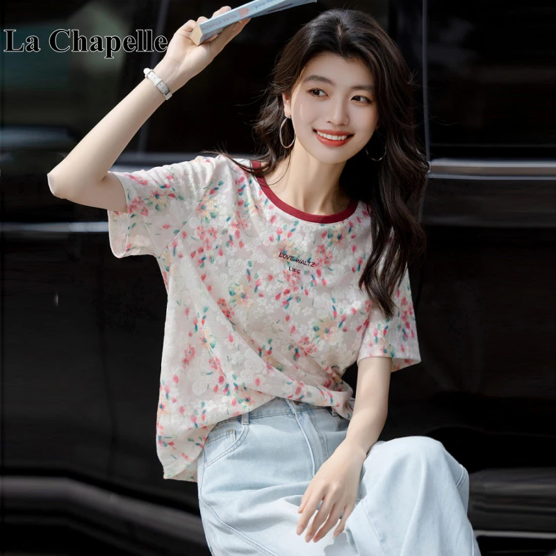 拉夏贝尔洋气碎花设计感圆领套头短袖t恤夏季宽松透气正肩上衣女