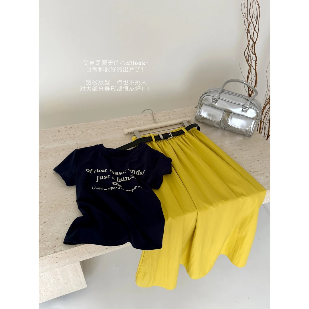 2605美式复古撞色字母印花修身短袖T恤百搭长款半身裙两件套